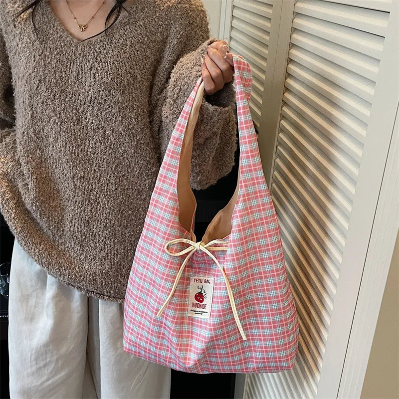 Korean Checkered Shoulder Tote Bag – Women's Casual Vest Bag Shoulder Tote Bag Babs Pink