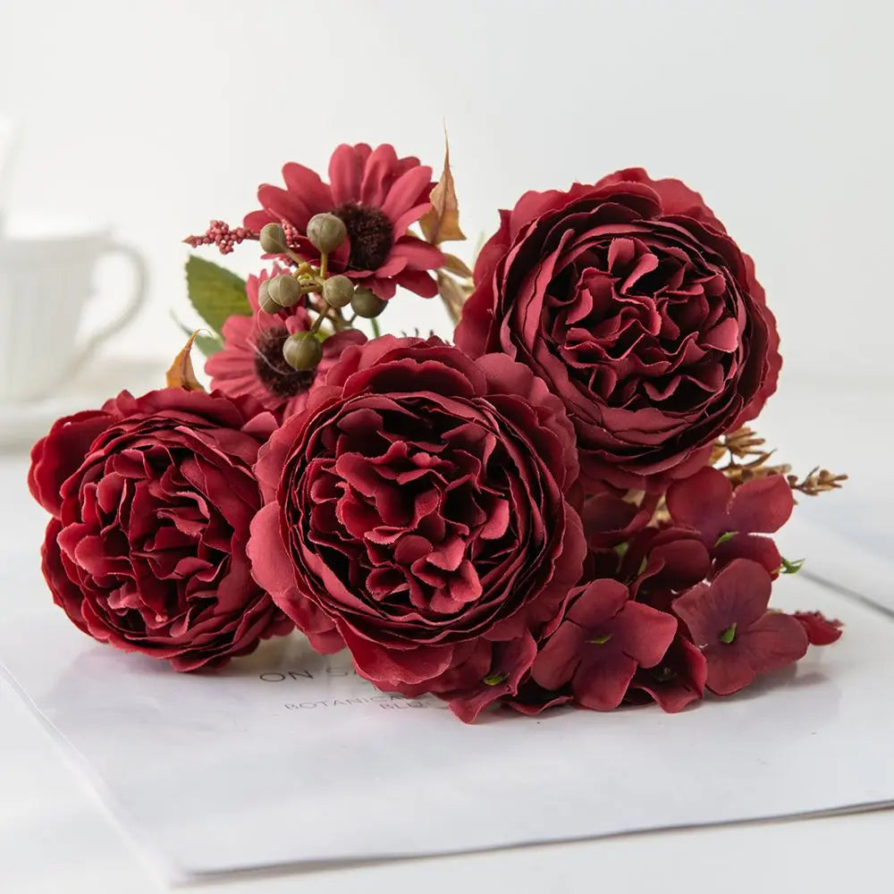 Silk Persian Peony Artificial Flowers for Wedding & Home Decor Artificial Silk Flowers Babs Red 4 pcs