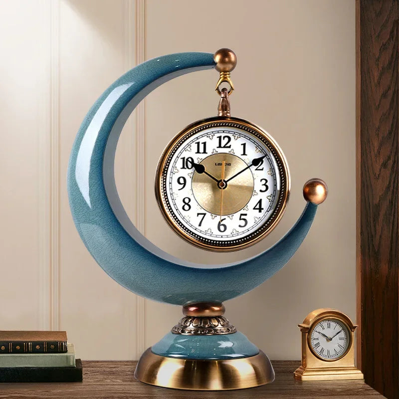Luxury Retro Moon Desk Clock | Silent Quartz, Hourly Chime Decorative Desk Clock Babs
