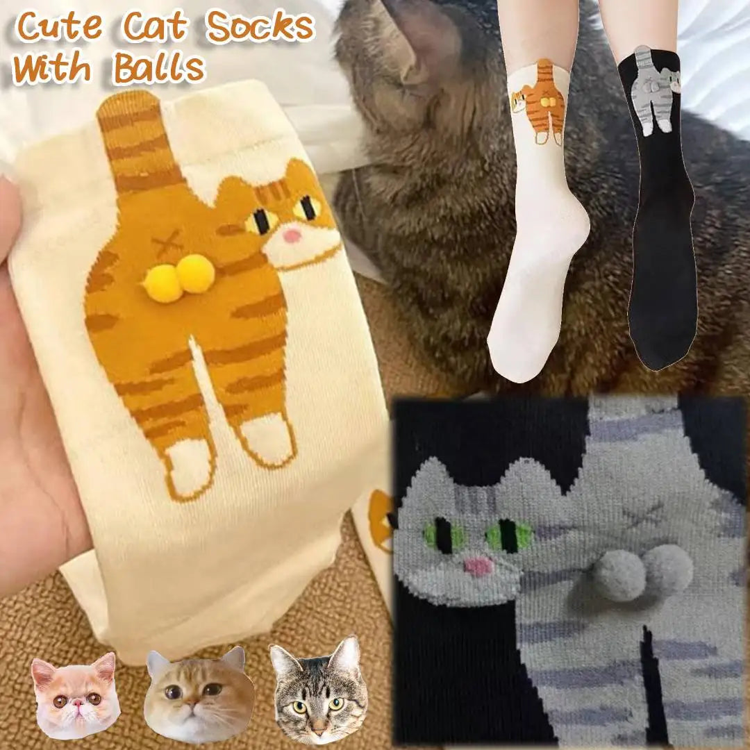 2-Pack 3D Cat Crew Socks – Pom-Pom Kitten Mid-Calf Women's Socks Novelty Crew Socks Babs