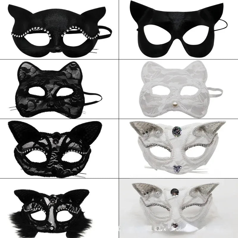 10pcs Halloween Lace Half Face Masks – Cat & Fox Cosplay Costume Party Masks Babs