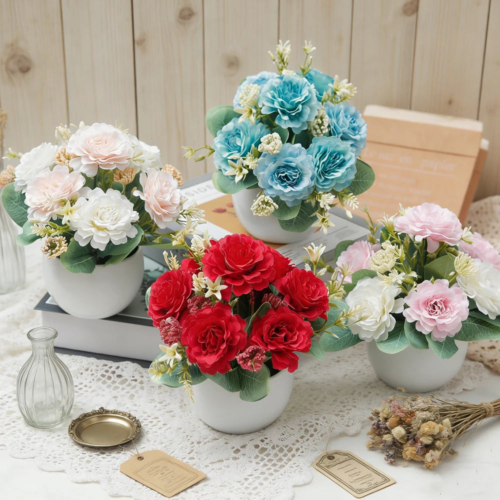 Peony Bonsai Artificial Silk Flowers Potted Plant Table Decor Artificial Flower Decor Babs