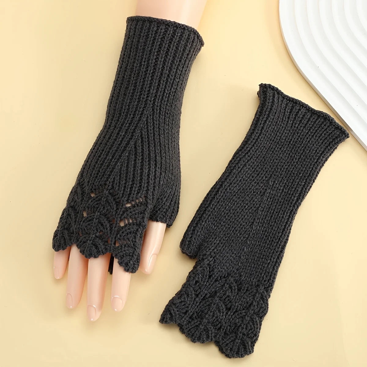 Women's Fishnet Knit Gloves – Stylish Outdoor Winter Warmth Knit Fashion Gloves Babs Dark Grey One Size