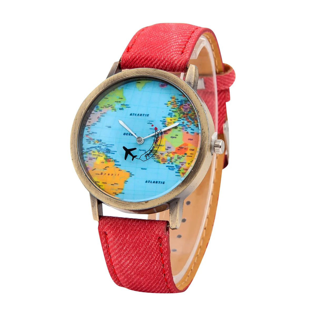 World Map Denim Band Quartz Watch – Unisex Casual Wristwatch Quartz Wristwatch Babs Red
