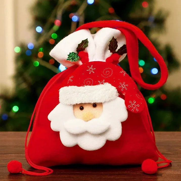 Christmas Flannel Drawstring Gift Bags – Santa, Snowman & Bear Christmas Gift Bags Babs A-1PCS 22X20cm