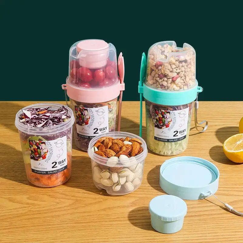 Two-Layer Yogurt Salad Cup with Lid, Spoon & Sauce Cup Food Storage Container Babs