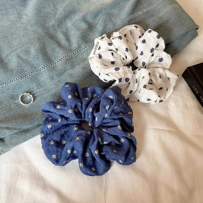 Korean Floral Hair Scrunchies – Blue & White Elastic Hair Ties Hair Scrunchies Babs