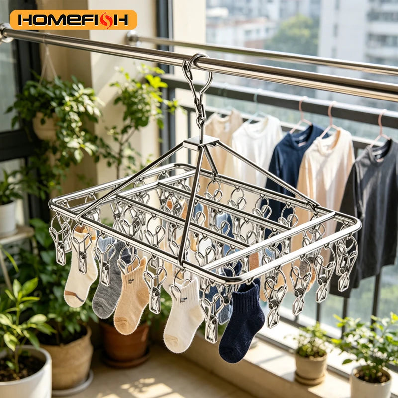 Stainless Steel Windproof Clothes Drying Rack – Multi-Hook Clothes Drying Rack Babs