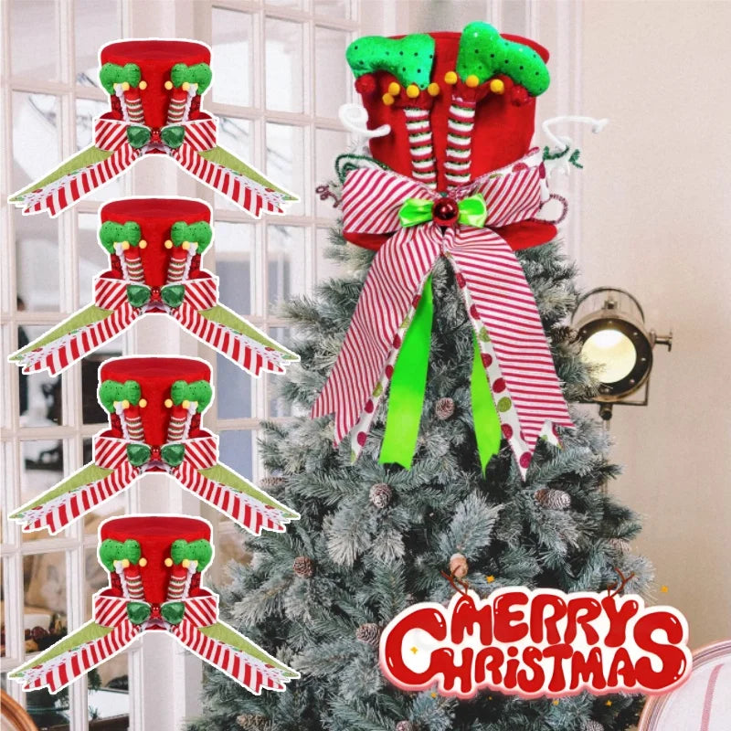 Christmas Tree Topper Velvet Hat – Elf Legs & Bowknot Decor Christmas Tree Topper Babs