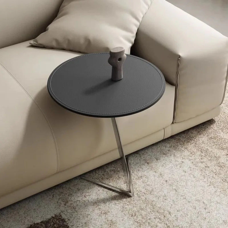 Round Minimalist Coffee Table – Stainless Steel & Leather Side Table Coffee Side Table Babs Gray