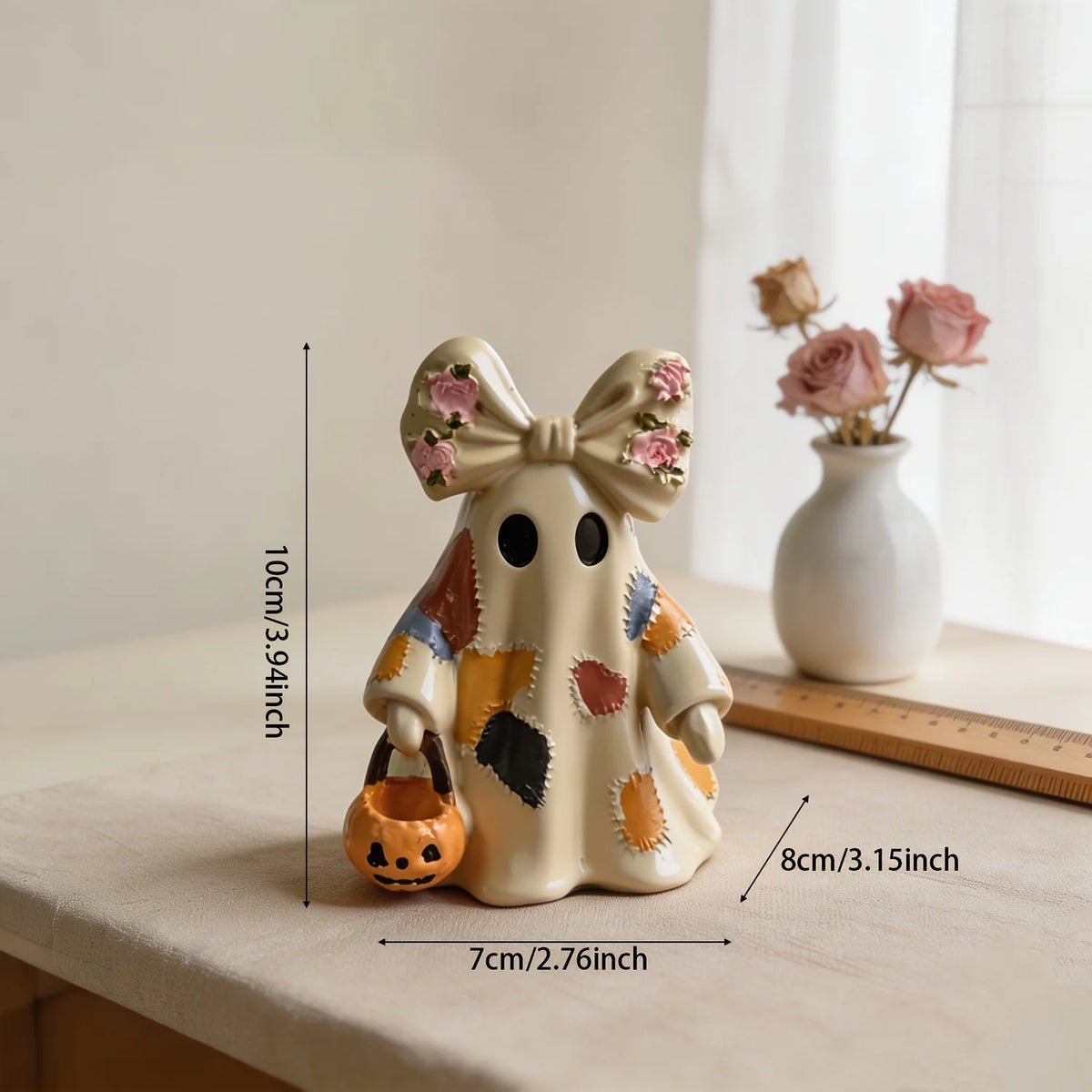 Halloween Ghost Resin Ornament – Pumpkin Candy Bucket & Pink Bow Halloween Resin Ornament Babs