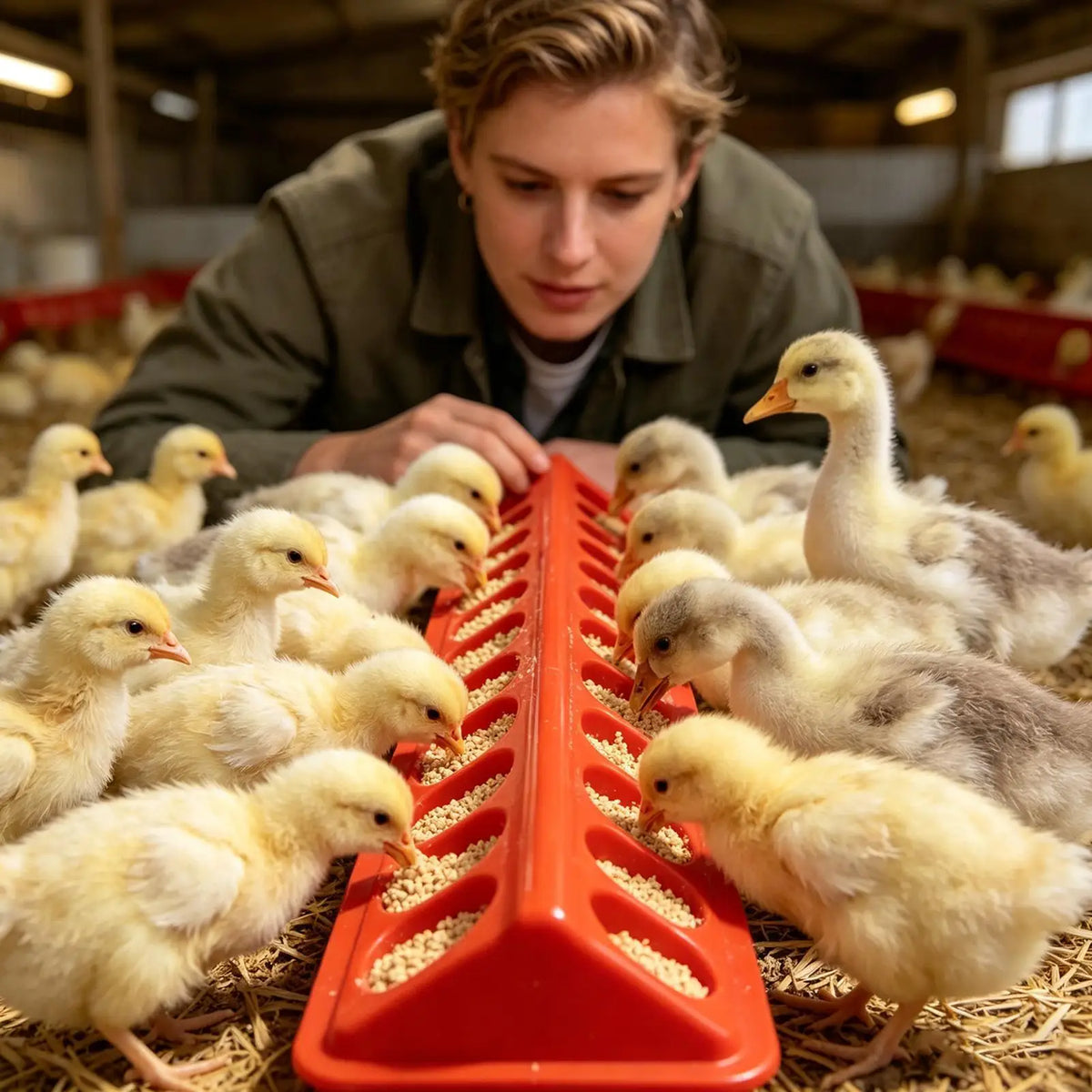 18-Hole Double Row Poultry Ground Feeder Trough – Red Poultry Feeder Trough Babs