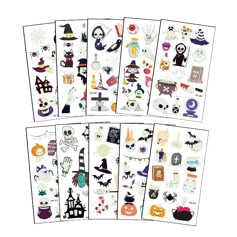 Halloween Glow-in-the-Dark Tattoo Stickers – 10 Sheets, Kids & Adults Halloween Tattoo Stickers Babs