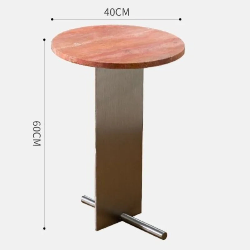Round Travertine Stone Side Table – Modern Stainless Steel Base Stone Side Table Babs Red