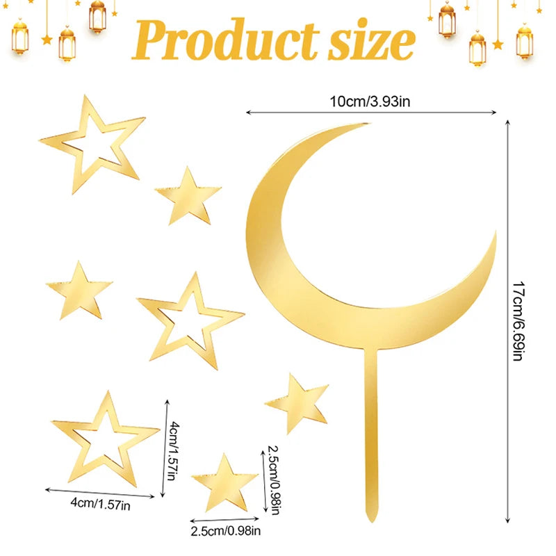 8-Piece Ramadan Moon & Star Golden Acrylic Cake Topper Set Acrylic Cake Topper Babs Gold