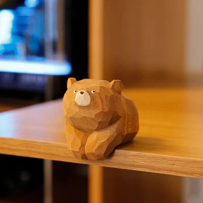 Hand-Carved Solid Wood Bear Ornament – Cute Desktop Décor Wood Bear Figurine Babs