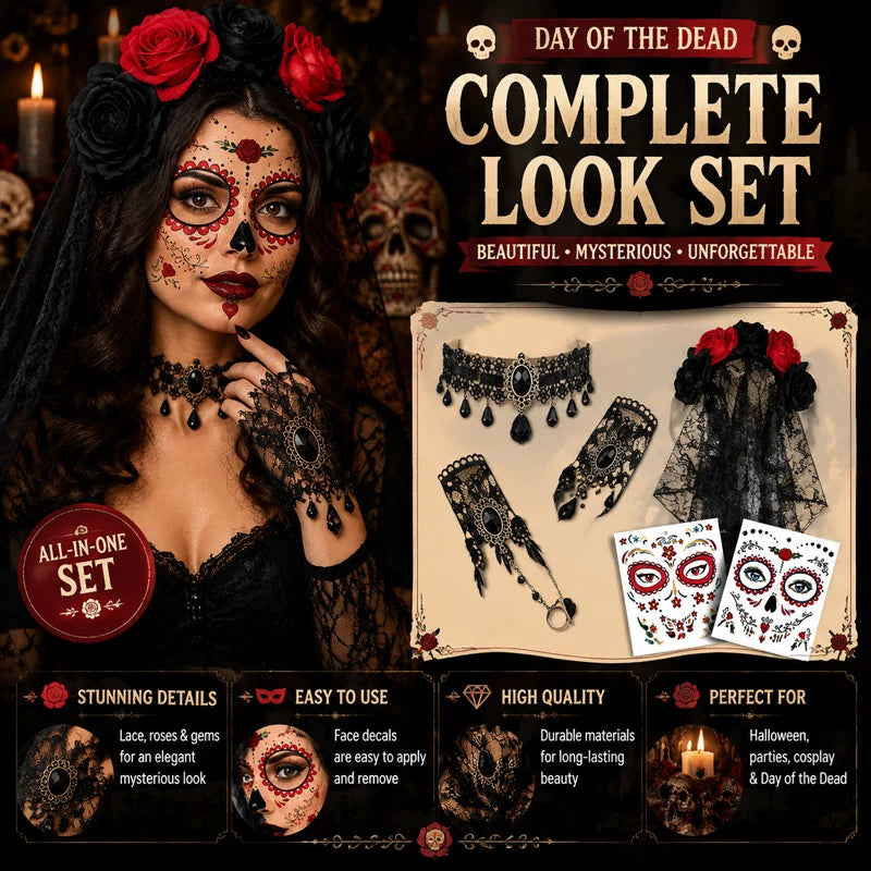 Gothic Dia de los Muertos Lace Rose Necklace & Bracelet Set Costume Jewelry Set Babs