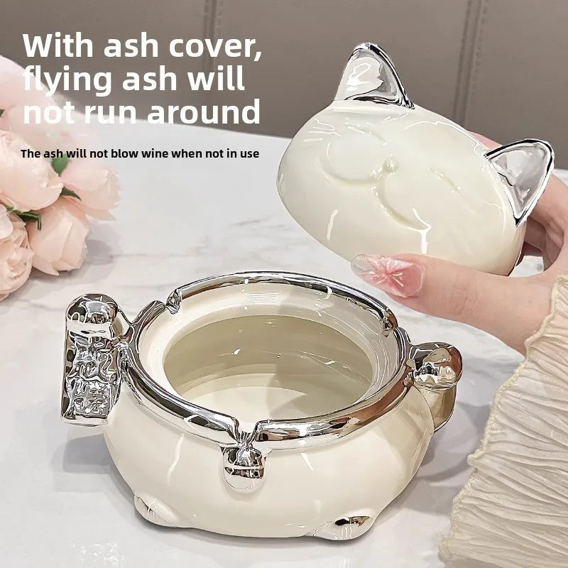 Lucky Cat Ceramic Ashtray with Lid – Modern Home Décor Decorative Ashtray Babs