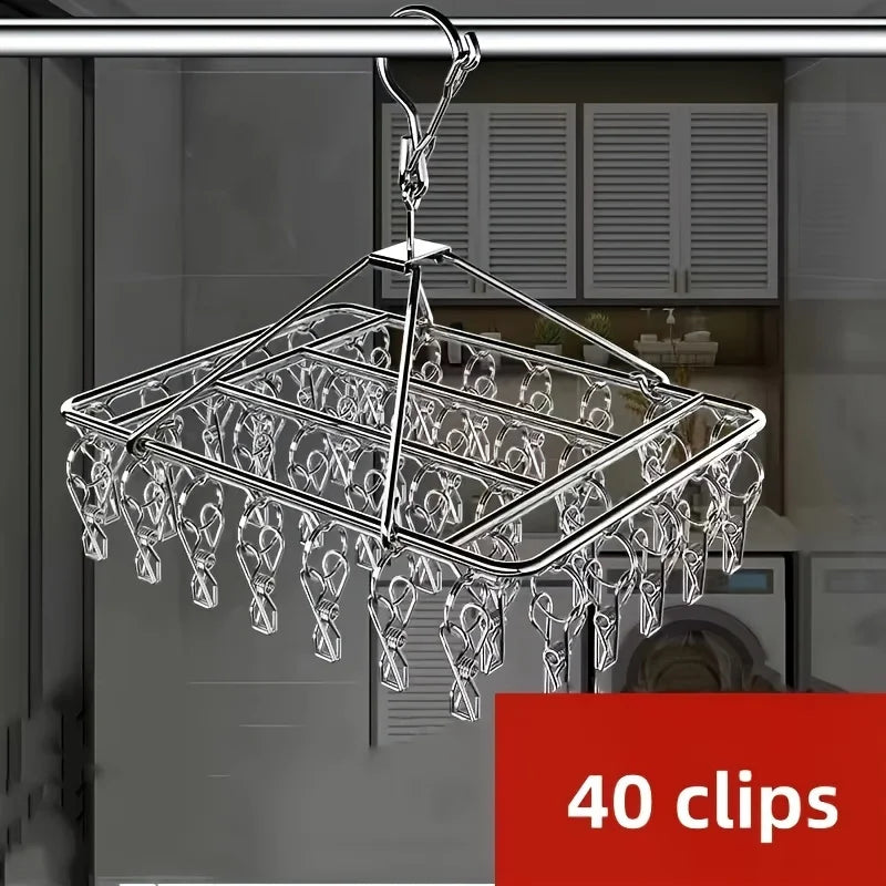 Stainless Steel Clothes Rack – Windproof Clip & Rotating Hook Laundry Drying Rack Babs