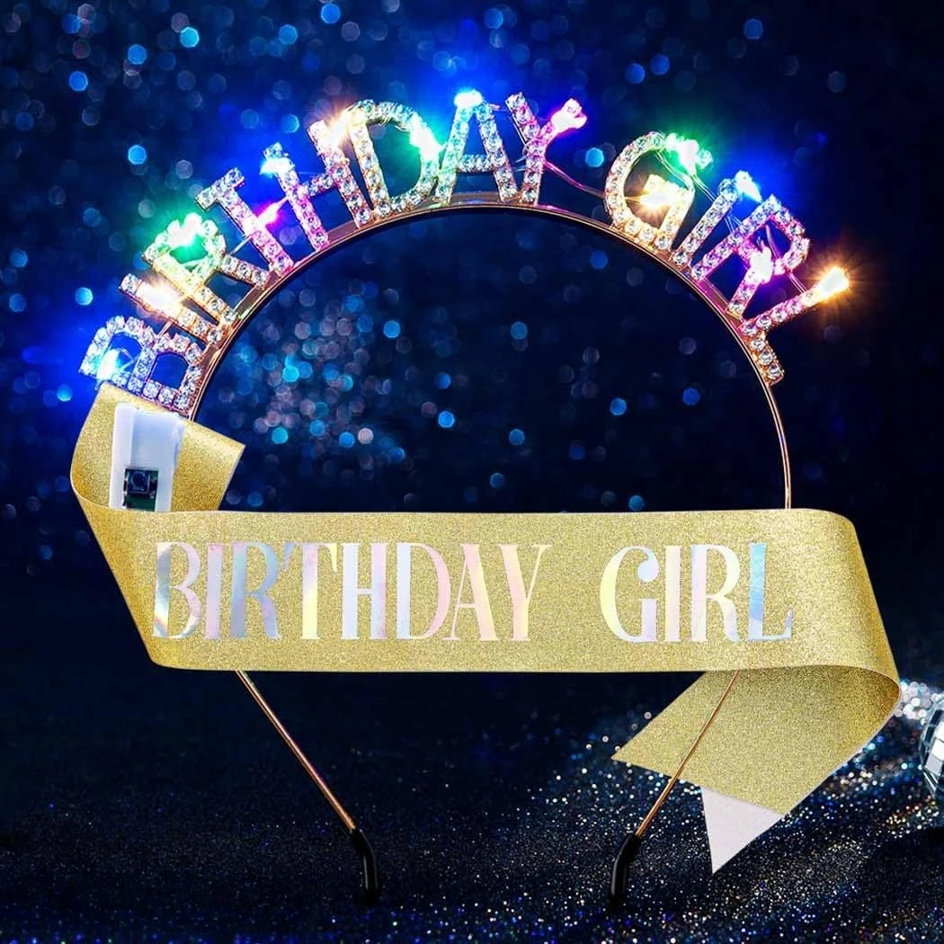 Light Up Birthday Crown & Sash Set – LED Rhinestone Headband Party Crown Sash Set Babs Gold