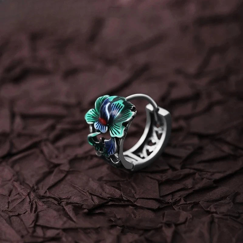Thai Silver Peony Flower Hoop Earrings – Unisex Ethnic Style Hoop Earrings Babs 1pcs