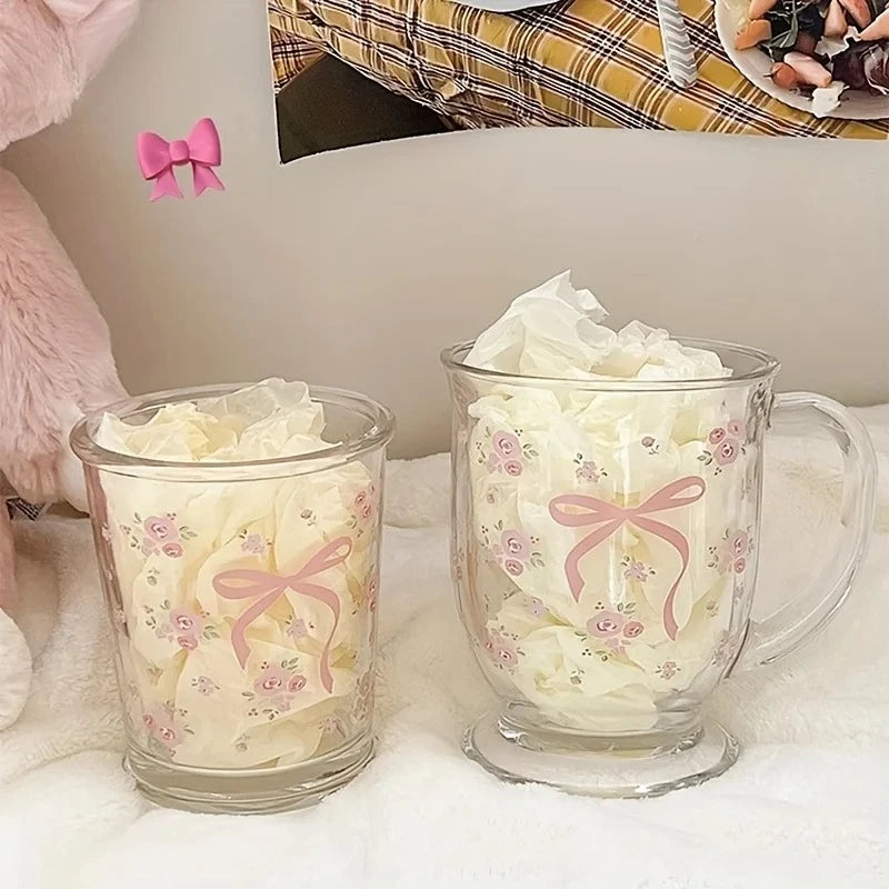 Rose Bow Pattern Glass Cup 450ml | U-Shaped Floral Glass Decorative Glass Cup Babs