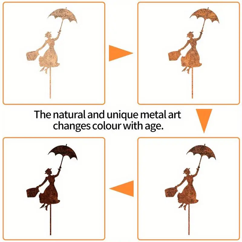 Rusty Metal Garden Stake – Woman with Umbrella Outdoor Decor Garden Stake Decor Babs