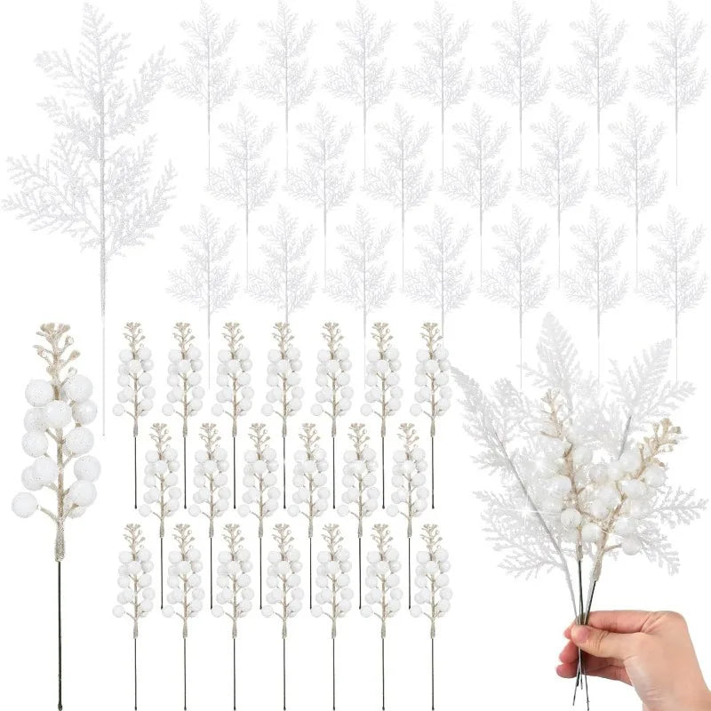 Glitter Christmas Artificial Berry Bouquet Set – 10 Pcs Xmas Decor Christmas Berry Ornament Babs White 12Head Berry 10Pcs