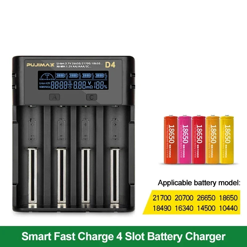 Alasicka 18650 4-Slot LCD Fast Battery Charger | Li-ion & NiMH Battery Charger Babs Black