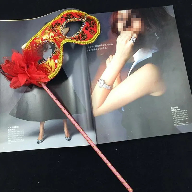 Handheld Feather Masquerade Mask on Stick – 10 Pack for Women Masquerade Mask Babs red1