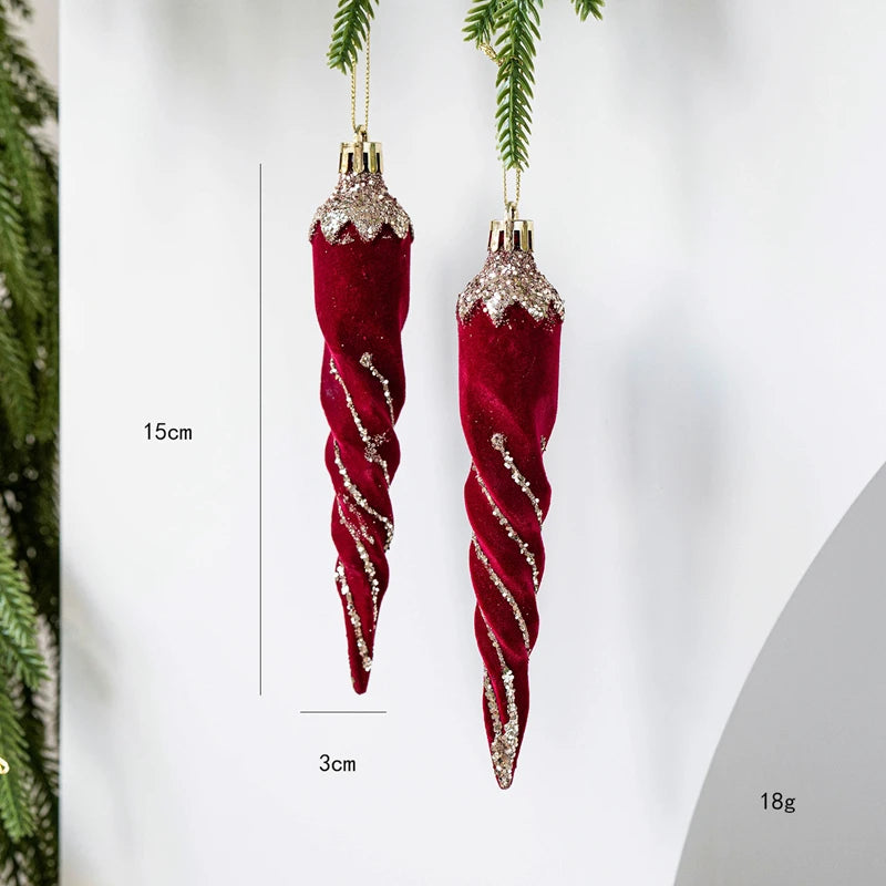 2pcs Velvet Christmas Ornaments – Burgundy Red Bell Candy Cane Christmas Tree Ornaments Babs Icicle