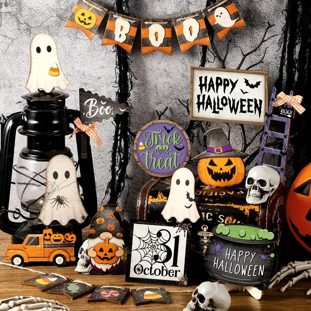 21-Piece Halloween Wooden Tiered Tray Decor Set | Tabletop Halloween Tiered Tray Decor Babs