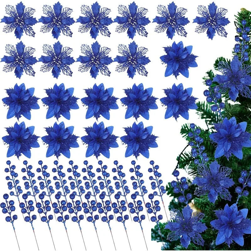3Pcs White Glitter Artificial Flower Stems Christmas Tree Decor Christmas Tree Picks Babs Blue 3Pcs
