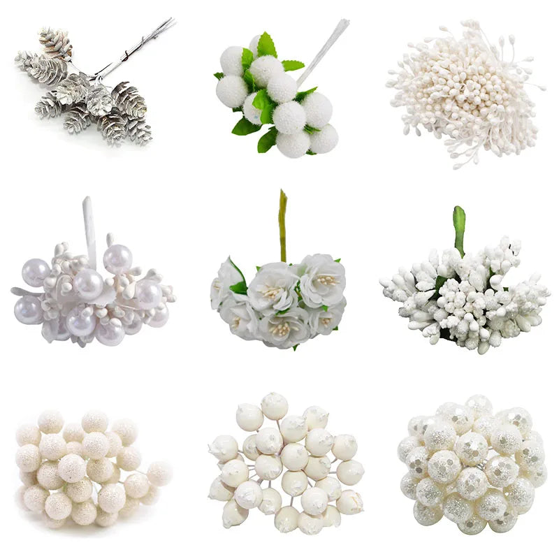 White Artificial Cherry Stamen Berry Bundle | DIY Xmas & Wedding Decor Artificial Flower Bundle Babs