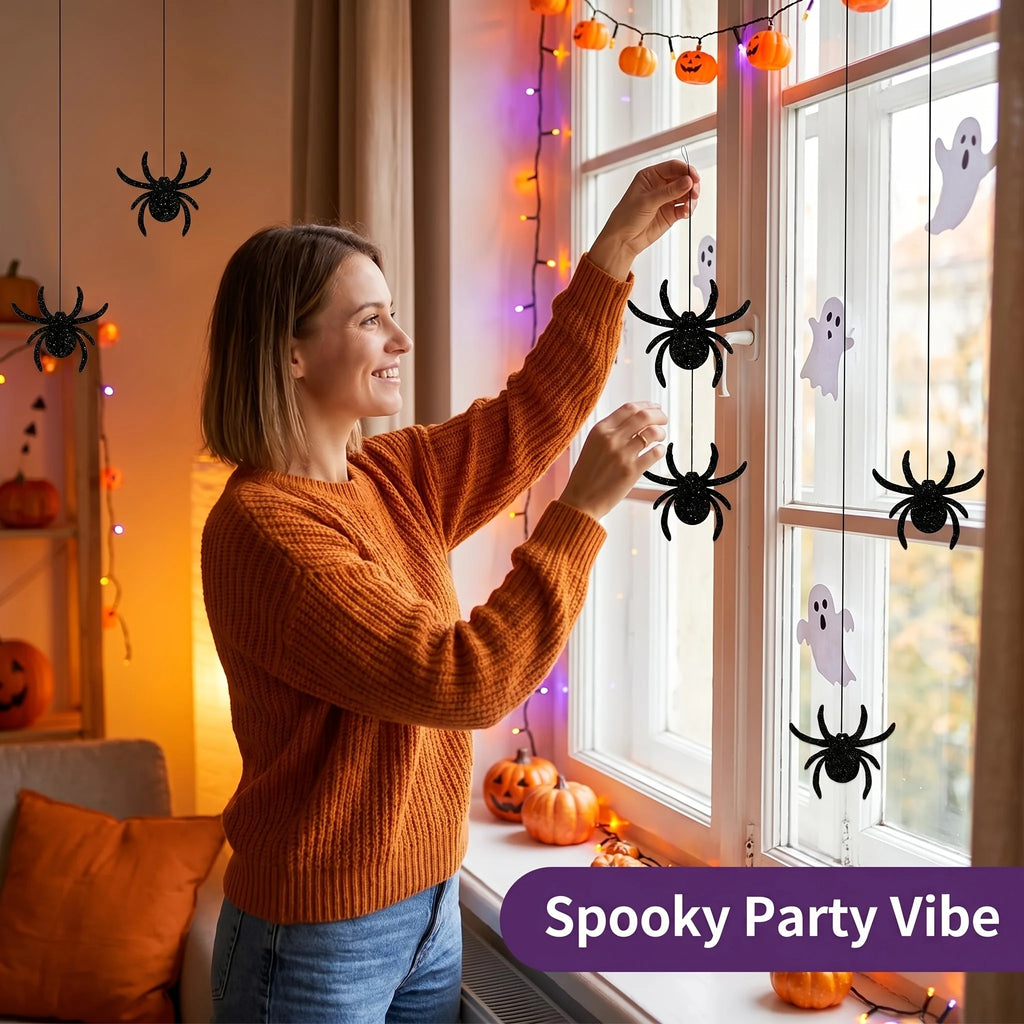 18pcs Halloween Glitter Black Spider Hanging Decorations Halloween Hanging Decor Babs