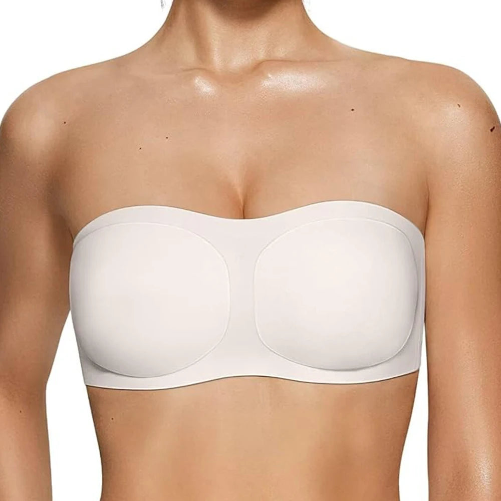 Strapless Seamless Bra – No-Slip Wireless Padded Bandeau Strapless Bralette Babs White S