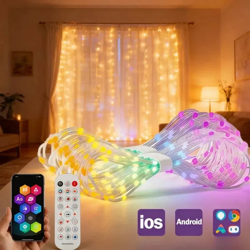 RGB Smart Curtain LED Lights – Bluetooth App, USB, DIY Colors LED Curtain String Lights Babs