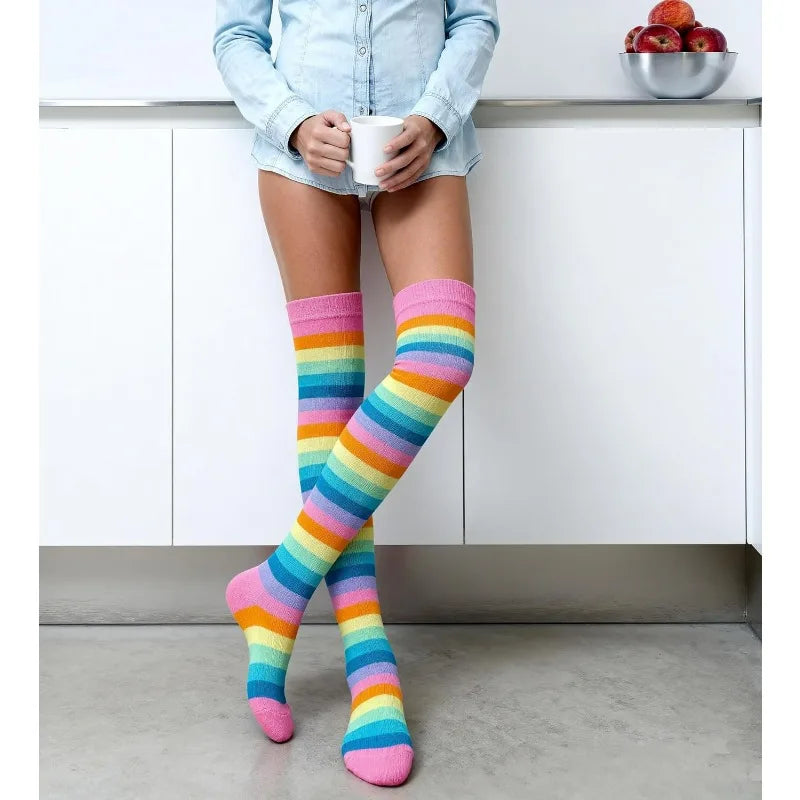 Rainbow Striped Over-Knee Socks – Soft Elastic Long Stockings Over-Knee Stockings Babs
