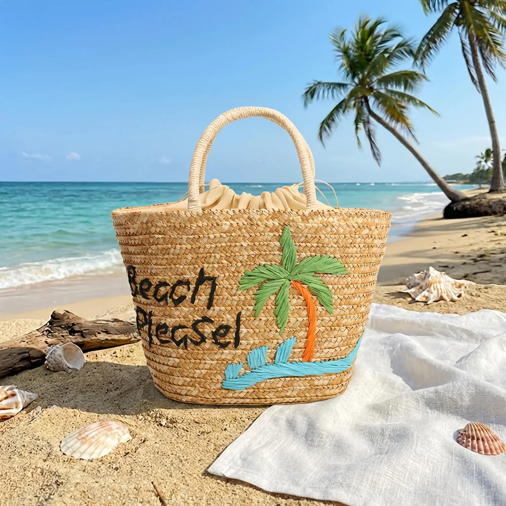 Bohemian Handwoven Straw Tote – Embroidery Beach Shoulder Bag Woven Straw Tote Bag Babs