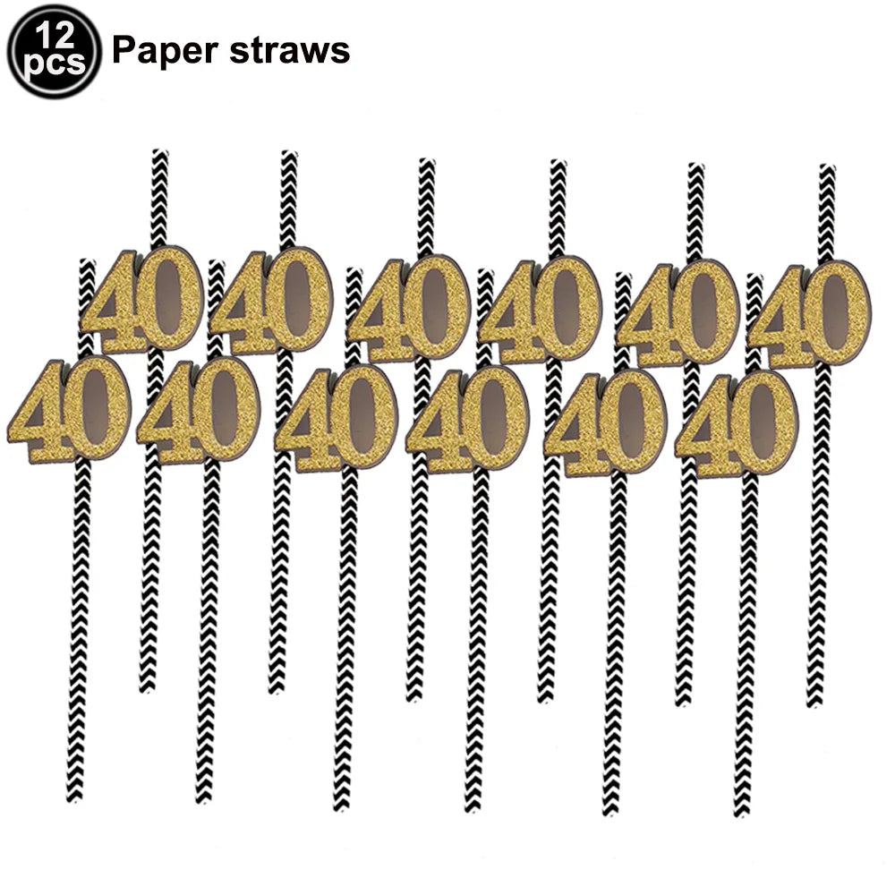 40th Birthday Party Decorations – Black & Gold Tableware Set Birthday Party Set Babs paper straws