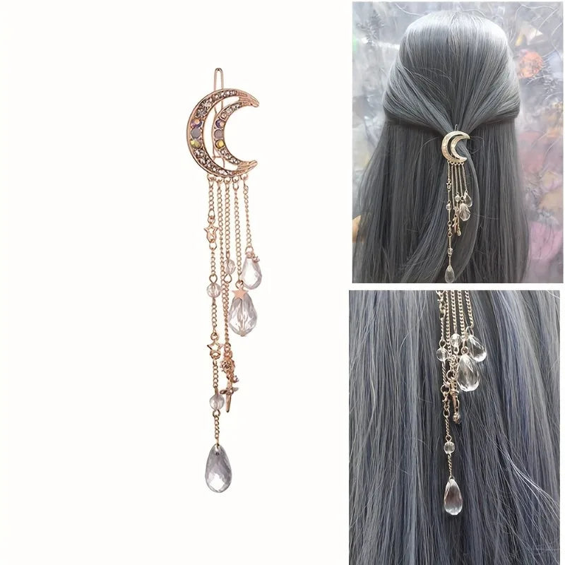 Moon Crescent Crystal Fringe Hairpin – Women's Hair Barrette Crystal Hair Barrette Babs