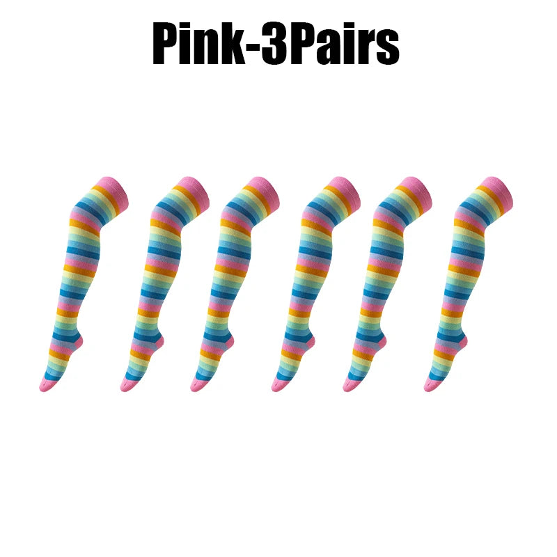 Rainbow Striped Thigh High Socks – Halloween Cosplay Party Thigh High Socks Babs Pink 3Pairs as show