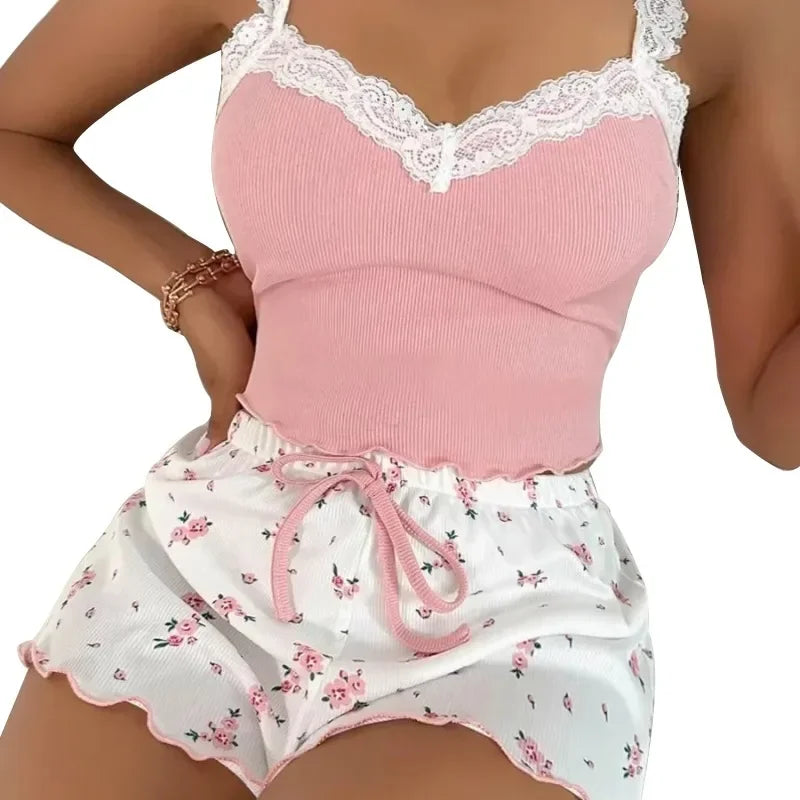 Women's Lace Cami Top & Printed Shorts Pajama Set – 2 Piece Women's Pajama Set Babs