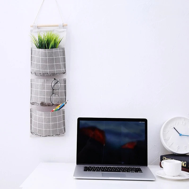 3-Pocket Plaid Hanging Wall Organizer | Door Storage Bag Wall Hanging Organizer Babs