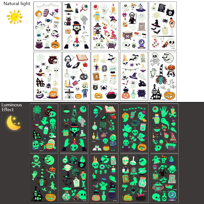 Halloween Glow-in-the-Dark Tattoo Stickers – 10 Sheets, Kids & Adults Halloween Tattoo Stickers Babs 10Sheets