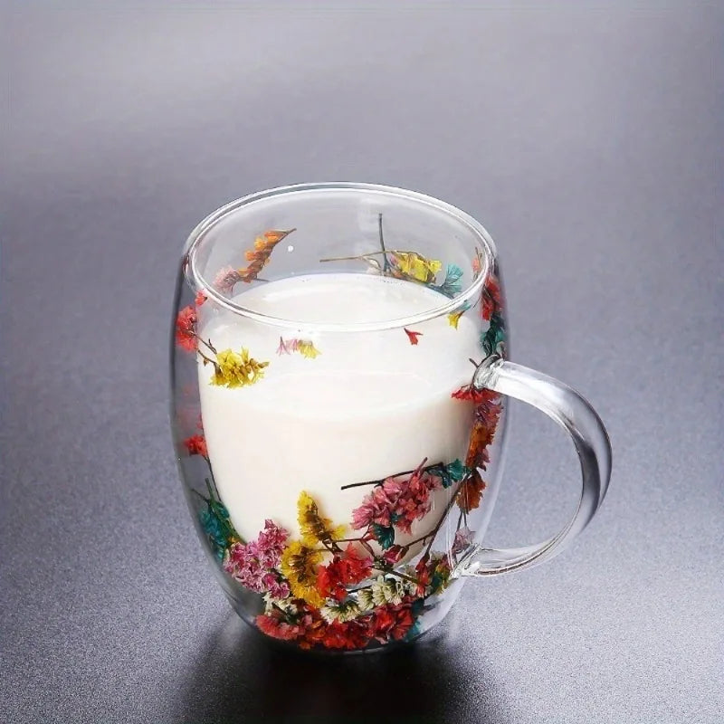 350ml Double-Walled Glass Coffee Mug | Floral Quicksand Design Glass Coffee Mug Babs C-350ml-red