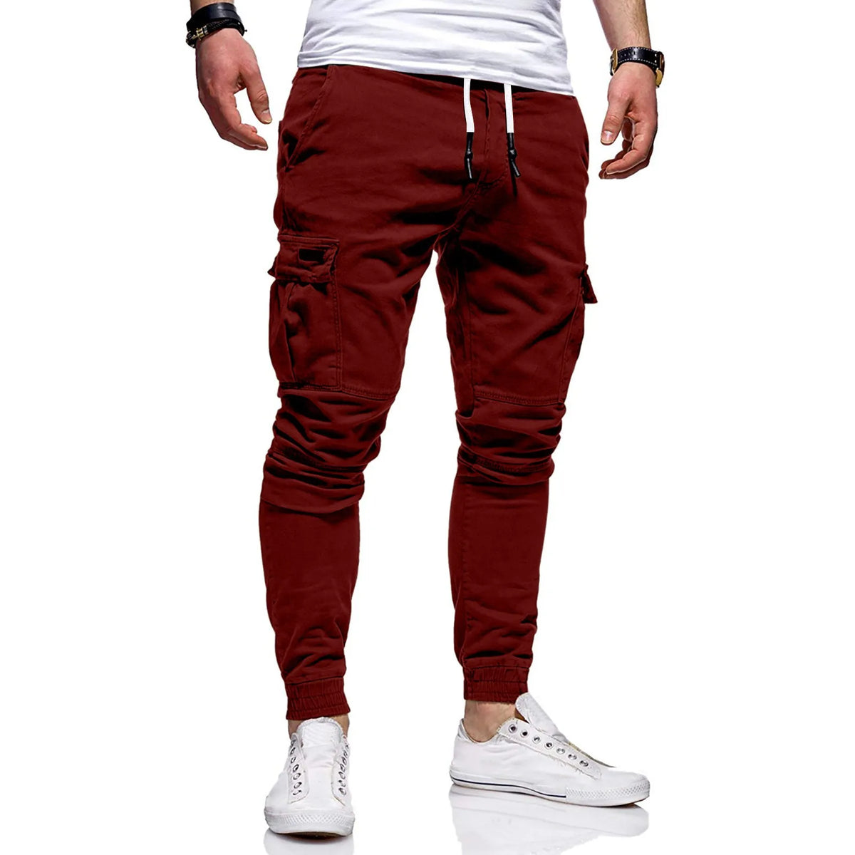 Men's Slim Fit Drawstring Casual Pants – Multi-Pocket Trousers Casual Drawstring Pants Babs Wine XL
