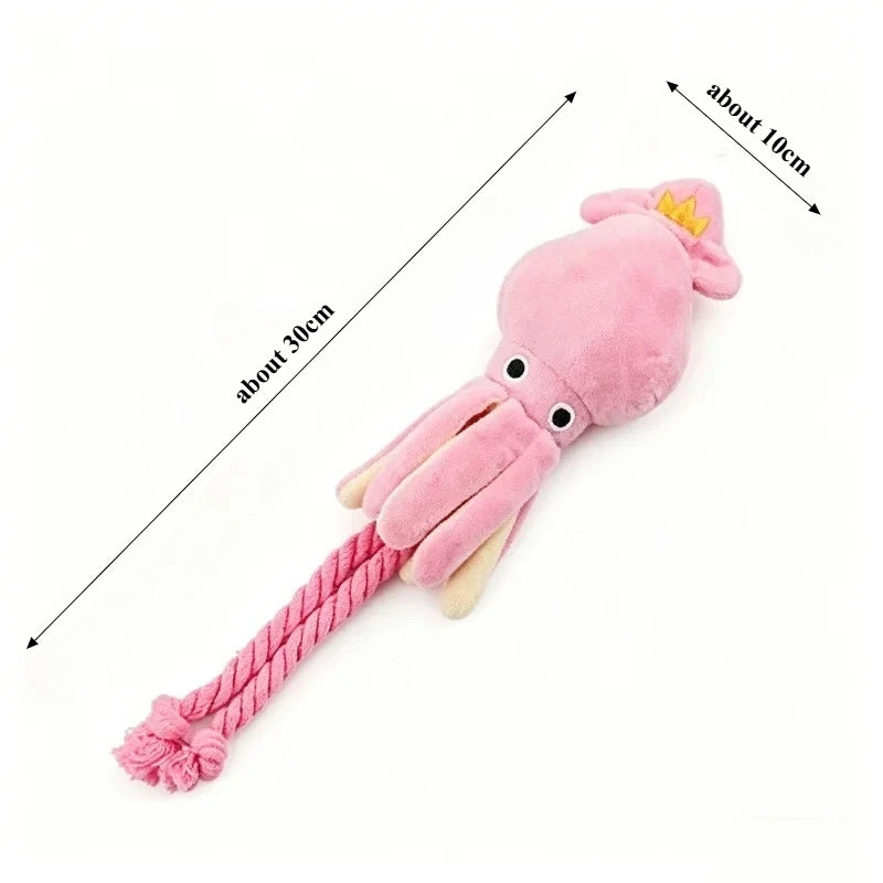 Pink Octopus Squeaky Dog Toy – Cotton Rope Chew & Tug Toy Interactive Dog Toy Babs