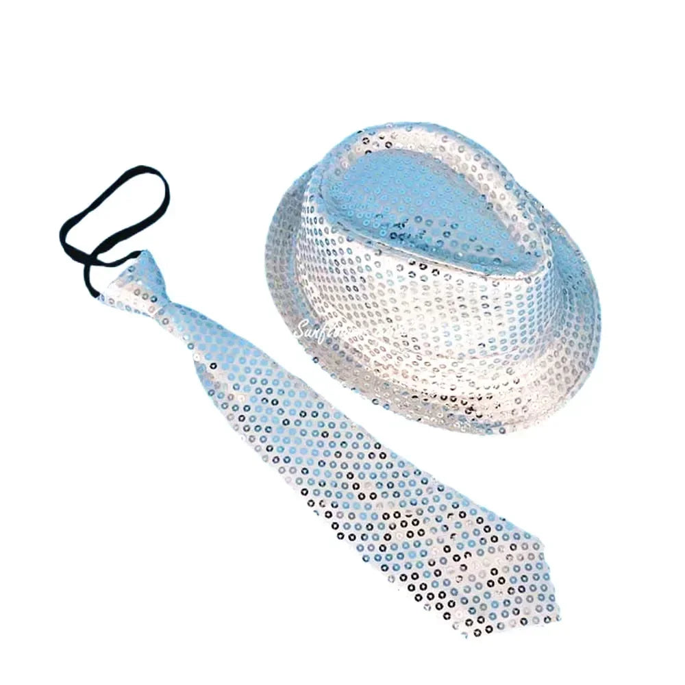 LED Light Up Sequin Jazz Hat & Tie Set | Party Costume LED Party Costume Set Babs light up silvery 2 Adult size