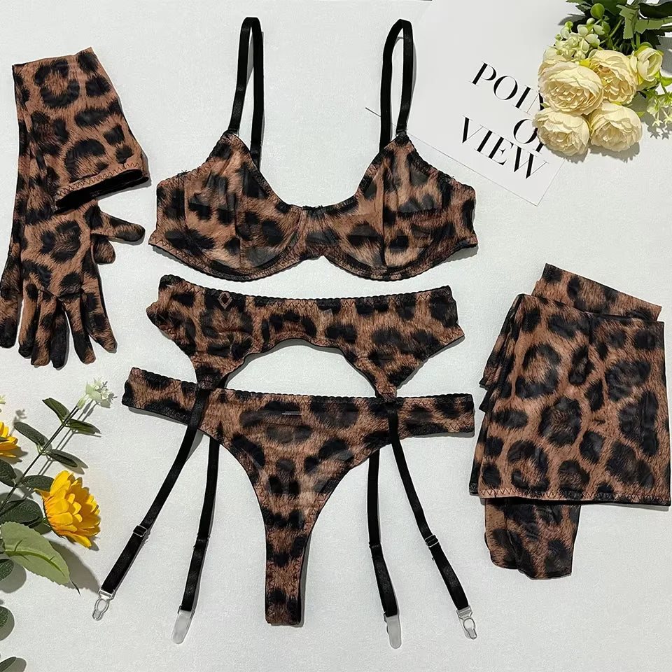 5-Piece Leopard Lingerie Set – Bra, Panty, Garter & Stockings Lingerie Set Babs BROWN S